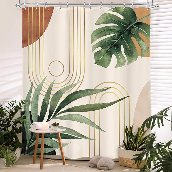 Glawry Extra Long Green Leaf Shower Curtain 72Wx96L Inches Boho Mid Century Abstract Plant Botanical Bathroom Tropical Bohemian Palm Leaves Minimalist Bath Accessories Home Decor Fabric 12 Pack Hooks