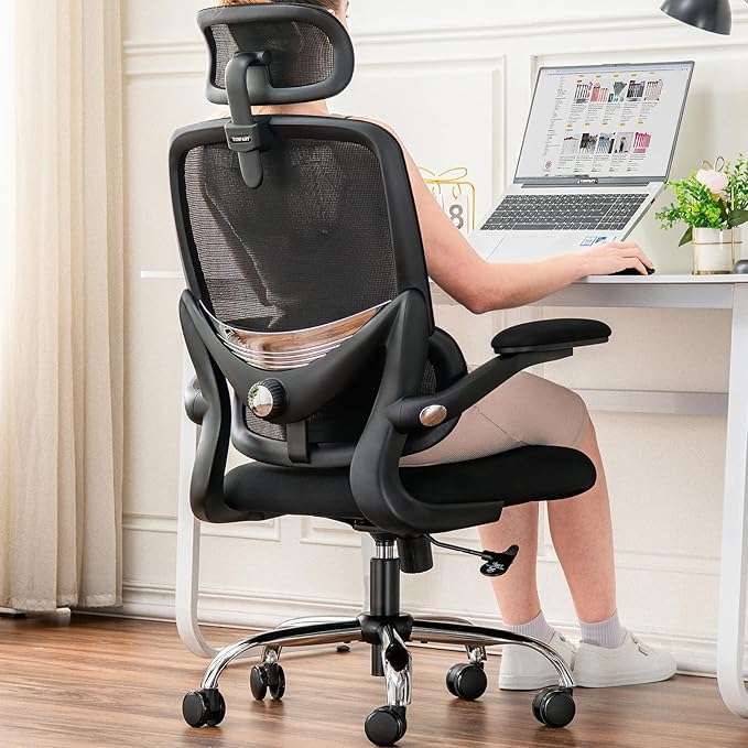 Ergonomic Home Office Chair, High Back Mesh Desk Chair with Adjustable Lumbar Support, Flip-up Armrest, Removable Headrest, Swivel Computer Gaming Chair, Space Saving, 330LBS (Black)