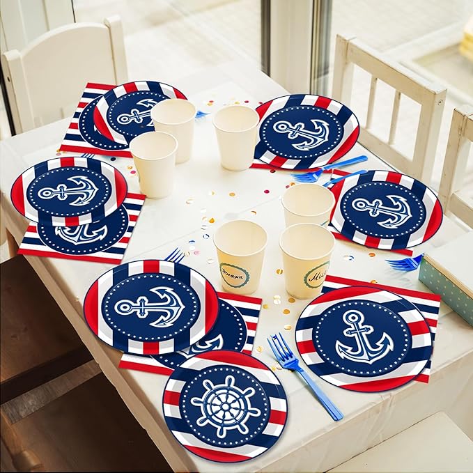Wiooffen 96 Pcs Nautical Anchor Party Plates Napkins Tableware Set Anchor Theme Supplies Disposable Dinnerware Sailor Boat Ship Decoration Favors for Navy Baby Shower Birthday, 24 Guests