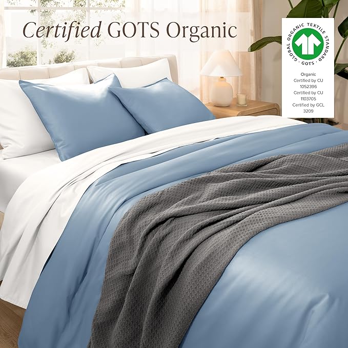 Bare Home 100% Organic Cotton Sateen Duvet Cover Set - Twin/Twin Extra Long - 400 Thread Count - Smooth Sateen Weave - Warm & Luxurious - Duvet Cover (Twin/Twin XL, Dusty Blue)