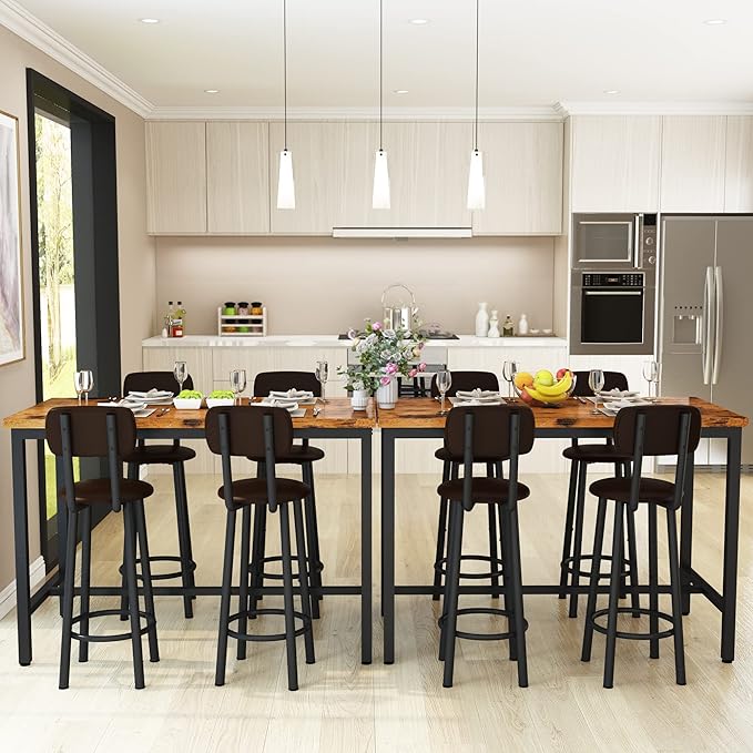Lamerge Dining Table Set for 4 Bar Table and Chairs Set Industrial Counter Height Dining Table Set with 4 PU Upholstered Stools Kitchen Pub Table for Kitchen, Restaurant, Space Saving, Rustic Brown