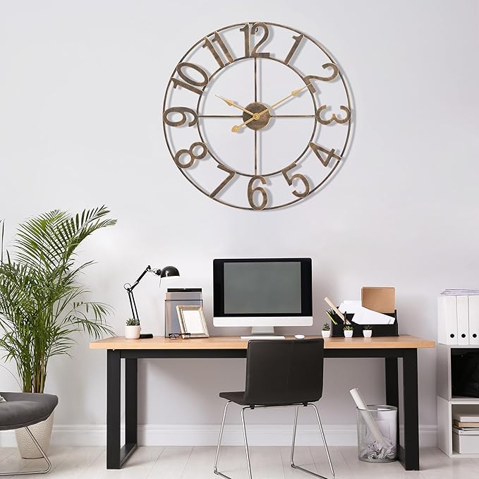 Sorbus 32-Inch Large Wall Clock – Decorative Brown Metal Clock with Gold Hands – Silent, Battery Operated, Modern Wall Decor for Living Room, Kitchen, or Office - Great Gift for Housewarming or Office