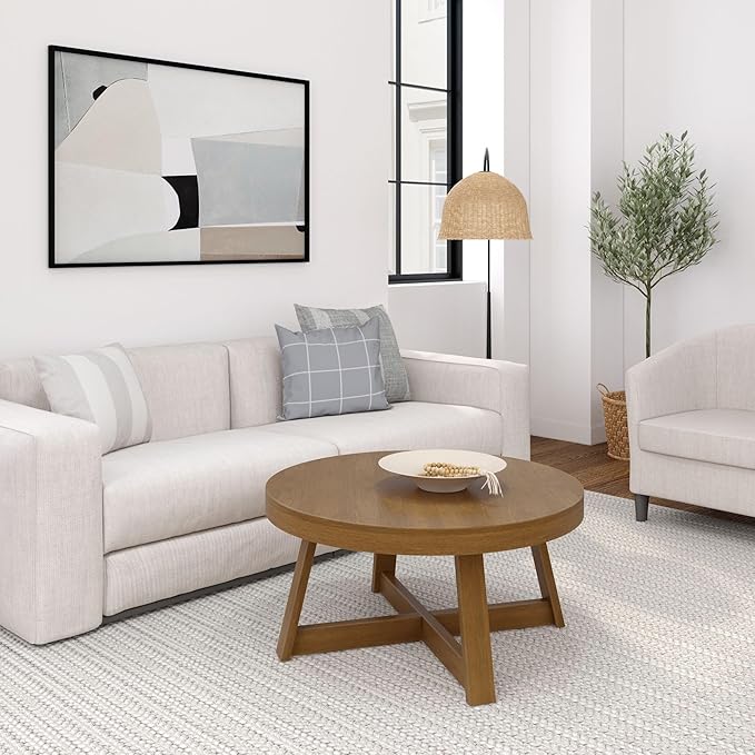 Plank+Beam Classic Round Coffee Table, 36" Farmhouse Coffee Table, Mini Center Tables for Small Spaces, Small Living Space Tea Table, Pecan Wirebrush