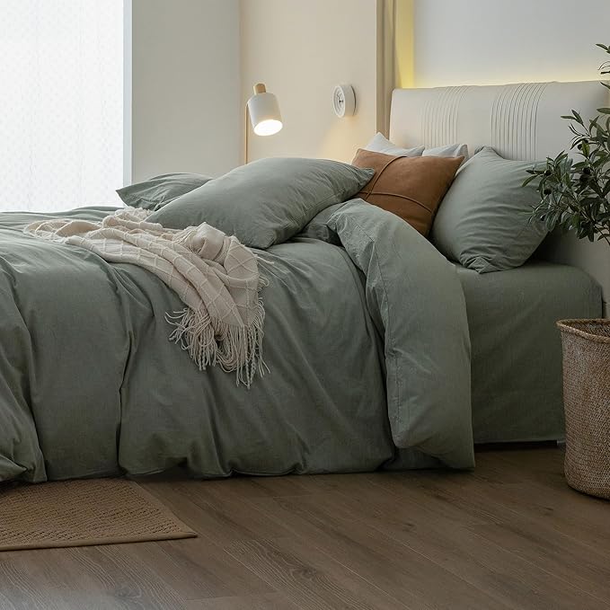 JIYUAN 100% Washed Cotton Duvet Cover Set 3 Pieces Super Queen, 1 Duvet Cover 90x98 Inches(Comforter Not Included) and 2 Pillowcases,Linen Feel Bedding Set Comfy and Breathable, Heathered Green