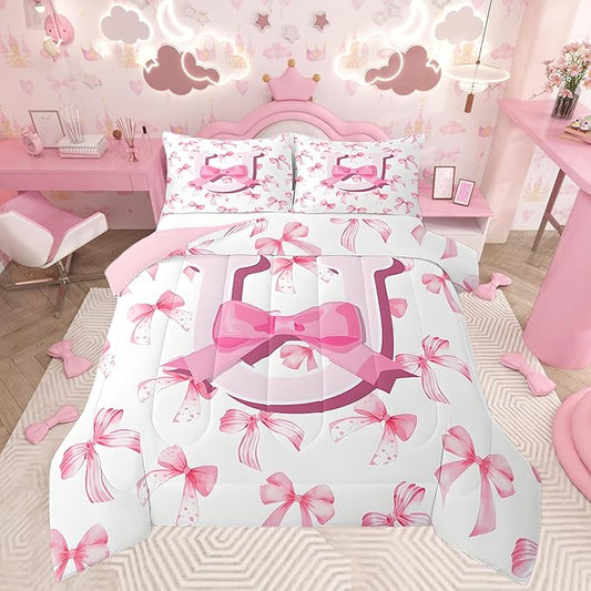 jejeloiu Kids Girls Cute Pink Bow Comforter Set Toddler Size Monogrammed Bedding Set Ultra Soft Personalized Initial U Duvet Quilt Coquette Bow Knot Quilt Set Room Decor Modern Fashion Comforter