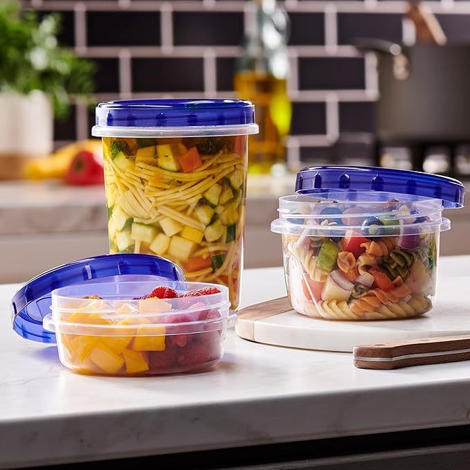 PLASTICPRO 12 Pack Twist Cap Food Storage Containers with Blue Screw on Lid- 8 oz Reusable Meal Prep Containers - Freezer and Microwave Safe Blue Plastic Food Storage