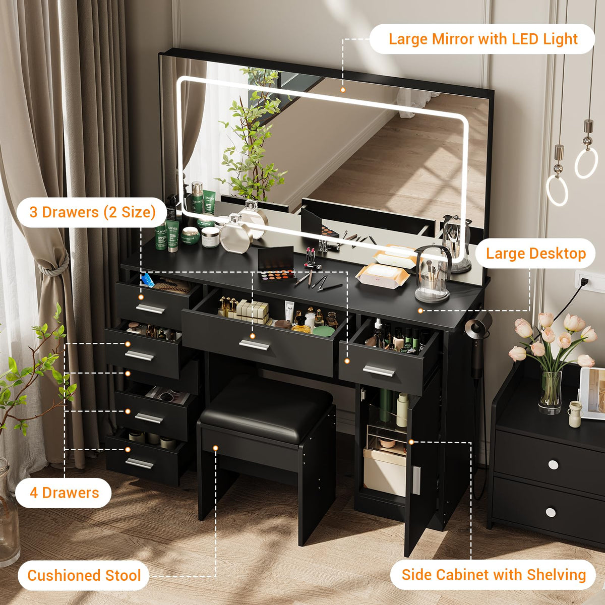 Garvee Modern Vanity Desk with Mirror & LED Lights – 7 Drawers,Black