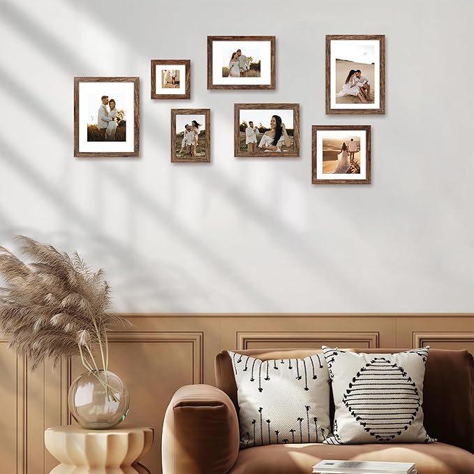 8x12 Picture Frame Set of 4 with High Definition Real Glass, Display 6x8 Pictures with Mat or 8 x 12 Without Mat, Rustic Photo Frames for Tabletop and Wall Mounting