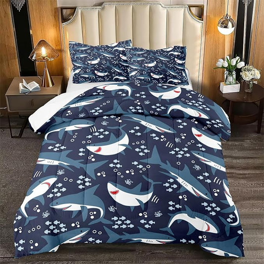 Shark Comforter Set for Bedroom - 3Pcs Boys Shark Bedding Set for Bedroom Cute Cartoon Shark Comforter Set for Kids Sea Animals Theme Boys Room Decor with 1 Comforter + 2 Pillowcases, Queen Size