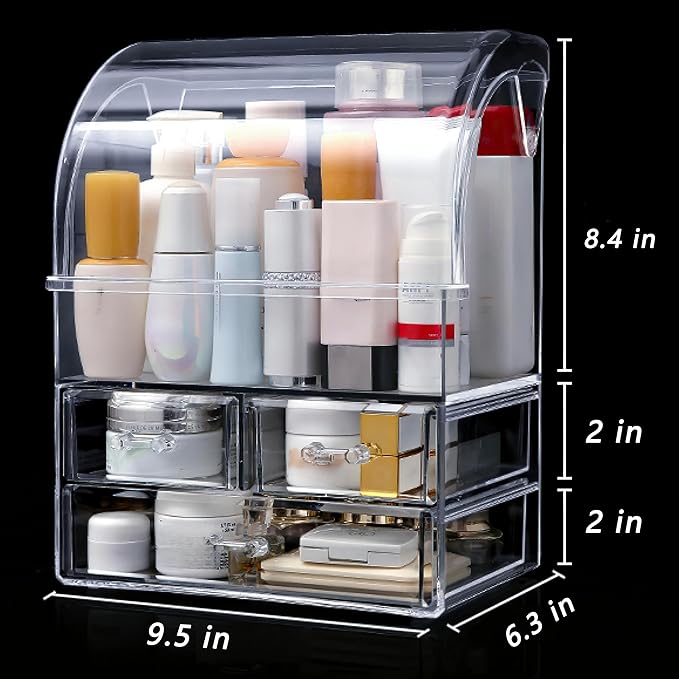 Large Acrylic Makeup Organizer With Lid Portable Dustproof And Waterproof Cosmetic Storage Drawers Box For Women (Clear, 12.5in x 9.5in x 6.3in)