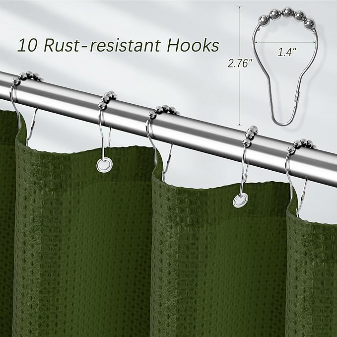 60 inch Waffle Shower Curtain - Heavy Duty Thick Fabric Green Shower Curtains for Bathroom, Weighted Hotel Spa Luxury Water Repellent Cloth Bath Curtain with 10 Hooks, 60Wx72H