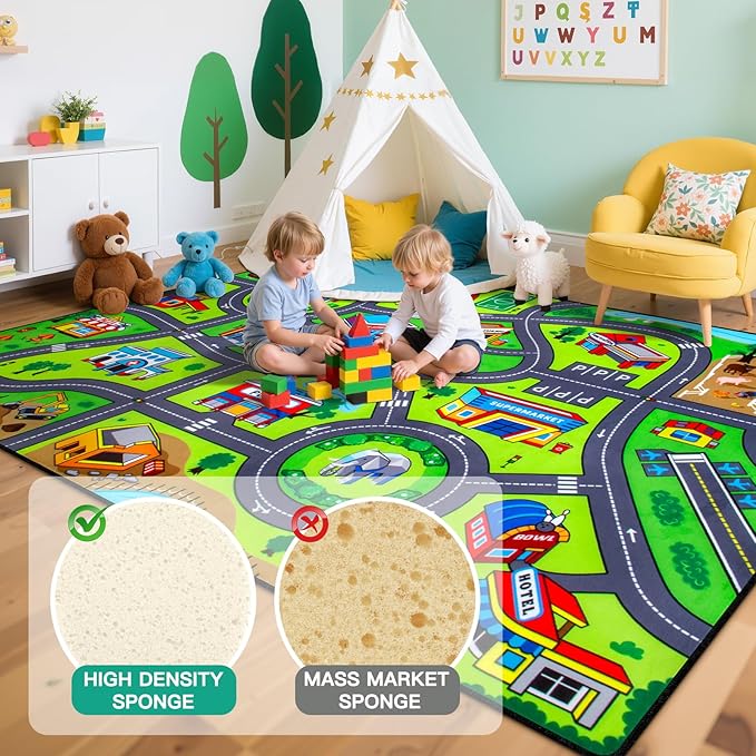 Road Car Rug, 4x6 Ft City Road Rug for Kids, Extra Thick (0.4in) Kids Floor Play Mat and Car Carpet with Realistic Colors - Perfect for Children, Soft and Non-Slip for Playroom and Bedroom