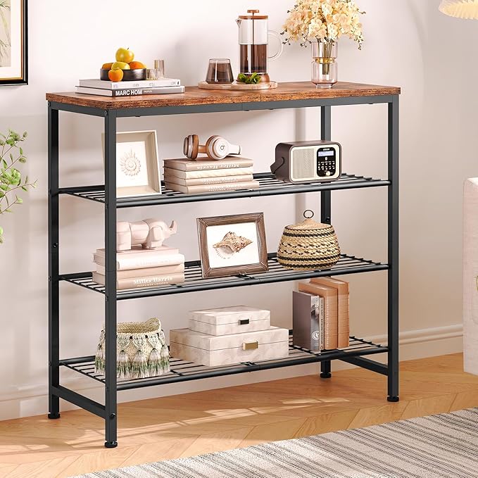 usikey 4-Tier Shoe Rack, Industrial Shoe Storage Organizer for 9-12 Pairs of Shoes, Metal Shoe Shelf with Wooden Top, Shoe Stand with 3 Metal Shelves for Entryway, Hallway, Closet, Rustic Brown