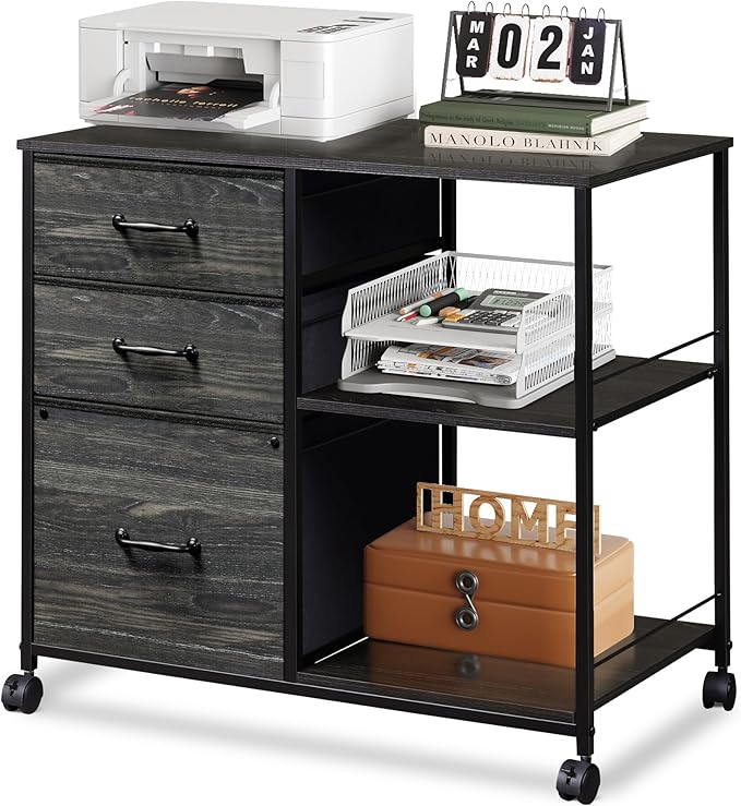 DEVAISE 3 Drawer Mobile File Cabinet, Rolling Printer Stand with Open Storage Shelf, Fabric Lateral Filing Cabinet fits A4 or Letter Size for Home Office, Charcoal Black Wood Grain Print