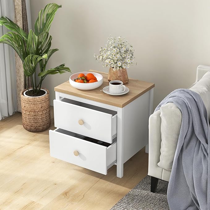 Giantex Night Stand Set of 2, Farmhouse Bedside Table with Cute Round Knobs, Wooden Floor End Table with Rubber Wood Legs, Small Space Kids Bedroom Side Table, White