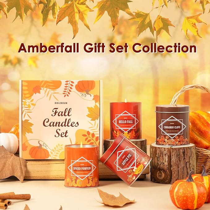 Fall Scented Candles Gift Set – 4 Pack of 9Oz Soy Candles, Autumn Fragrances (Pumpkin Spice, Apple Pie, Hello Fall, Cinnamon Clove), Holiday Gifts for Women & Men