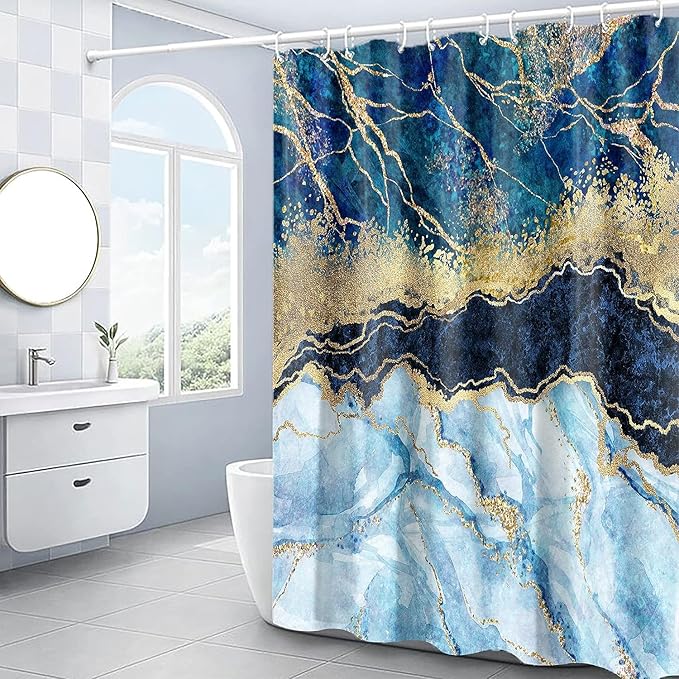 Marble Shower Curtain, Blue Marble Shower Curtain Set, Abstract Luxury Blue Golden Glitter Veins Texture Marble Shower Curtains for Bathroom, Waterproof Fabric, 36 x 72 inches