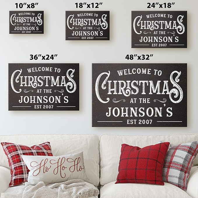 Milweb1 Personalized Family Name Welcome To Christmas/Rustic Vintage Farmhouse Holiday Decor Canvas Sign Holiday Decorations Wall Decor Print (24"x36")
