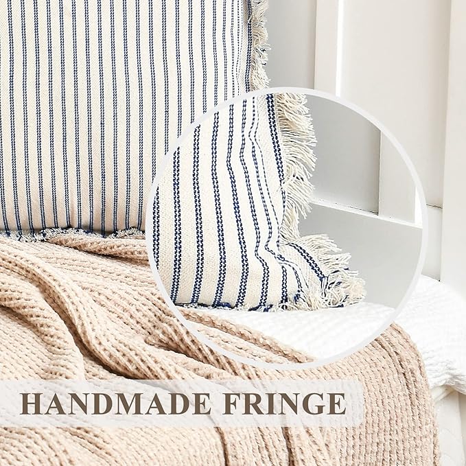 ZWJD Throw Pillow Covers 22x22 Set of 2 Striped Pillow Covers with Fringe Chic Cotton Decorative Pillows Square Cushion Covers for Sofa Couch Bed Living Room Farmhouse Decor