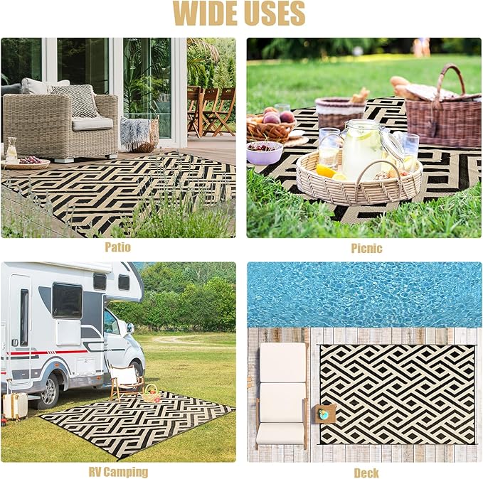 Terrug Outdoor Rug Waterproof 8x10 Ft, Foldable Outdoor Plastic Straw Rug, UV Reversible Patio Rug Decor, Outdoor Area Rug for Camping, RV, Porch, Deck, Backyard, Balcony, Picnic, Black & Beige