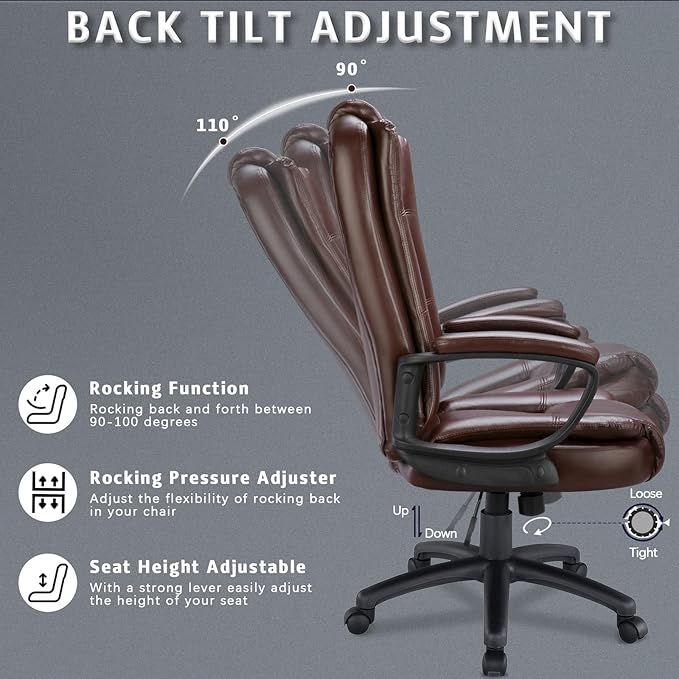 LEMBERI Office Desk Chair, Big and Tall High Back Managerial Executive Computer Chair, Ergonomic Height Adjustable PU Leather Chairs with Cushions Armrest for Long Time Sitting (Brown)