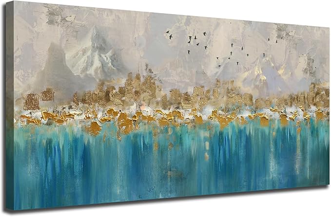 Arjun Teal Gold Abstract Wall Art Blue Turquoise Hand Painted Textured Painting Canvas Modern Grey Artwork Wooden Framed Large Size for Living Room Bedroom Bathroom Home Office Wall Decor, 48"x24"