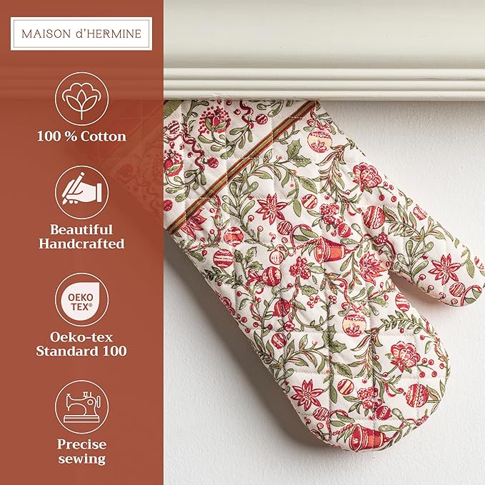 Maison d' Hermine Oven Gloves 100% Cotton Oven Mitt 7" x 13" with Loop Heat Resistant Cooking Gloves for Thanksgiving Christmas Decorations Baking Handling Hot Pans (Pack of 1, Reveillon Au Jardin)
