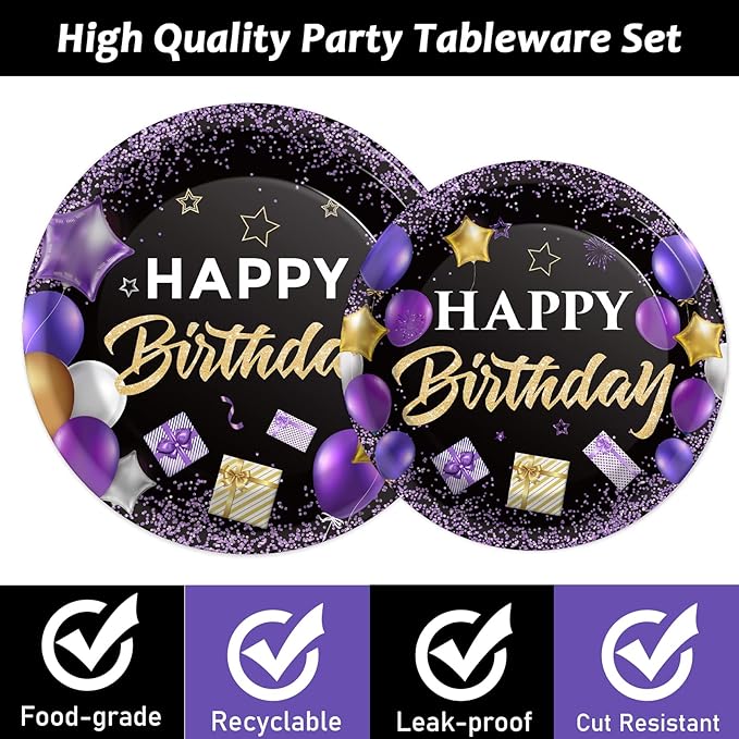 Wiooffen 96 Pcs Purple Birthday Party Plates Napkins Tableware Set Purple and Black Happy Birthday Party Supplies Disposable Dinnerware Women Girl Birthday Decoration Favors for Table, 24 Guests
