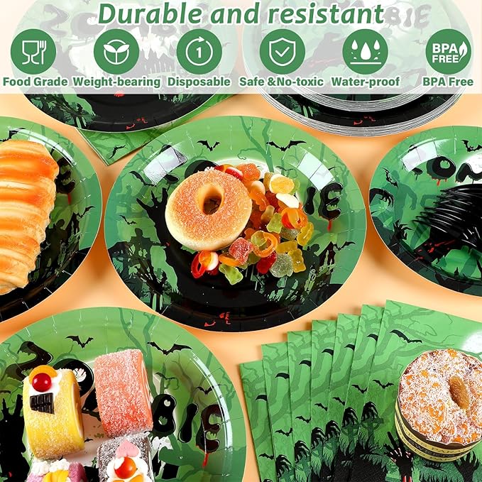 Wiooffen 96 Pcs Zombie Halloween Party Plates Napkins Tableware Set Halloween Birthday Party Supplies Disposable Paper Dinnerware Zombie Theme Table Decoration Favors for Birthday, 24 Guests