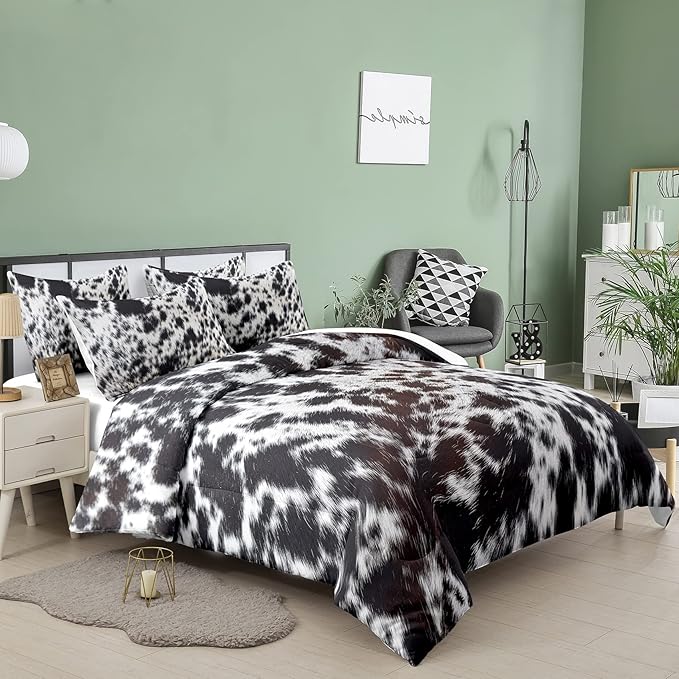 Tailor Shop Cow Print Full Size Comforter Sets,Black and White Cow Print Bedding Set for Kids,Cartoon Milk Cow Print Bedding Set Bed Sets for Boys Teens Girls with 1 Comforter and 2 Pillowcase…