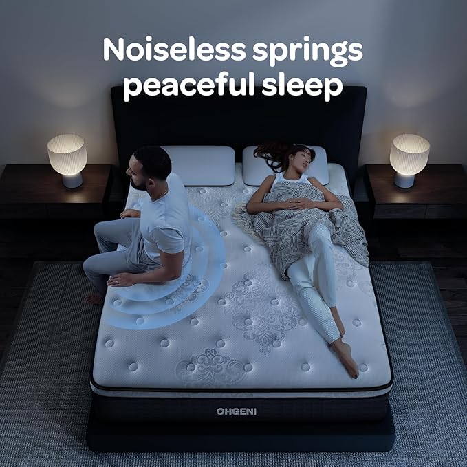 OhGeni 10 Inch Cooling Queen Size Mattress, Hybrid Gel-Infused Memory Foam Bed Mattresses in a Box, Medium Feel Cool Top Fabric, Individual Pocket Innerspring, 3-Zone Design & Reinforced Edge Support