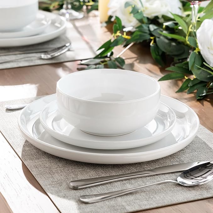 AmorArc Ceramic Dinnerware Sets of 4,Porcelain Plates and Bowls Sets, Scratch Resistant Dishes Set, Dishwasher & Microwave & Oven Safe Dishes Set,White Dishware Service for 4-12 pcs