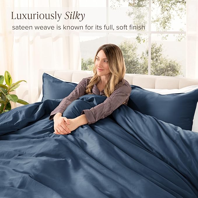 Bare Home 100% Organic Cotton Sateen Duvet Cover Set - Full/Queen Size - 400 Thread Count - Smooth Sateen Weave - Warm & Luxurious - Duvet Cover (Full/Queen, Bering Sea)
