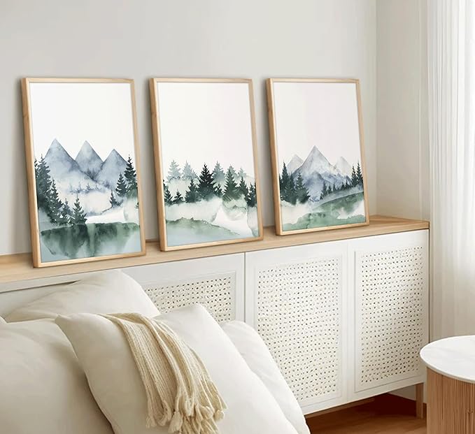 3Pcs Modern Mountains Canvas Wall Art Green Watercolor Misty Pine Forest Nature Minimalism Abstract Landscape Painting Picture Wall Decor Poster Print Artwork for Living Room Bedroom Office Unframed