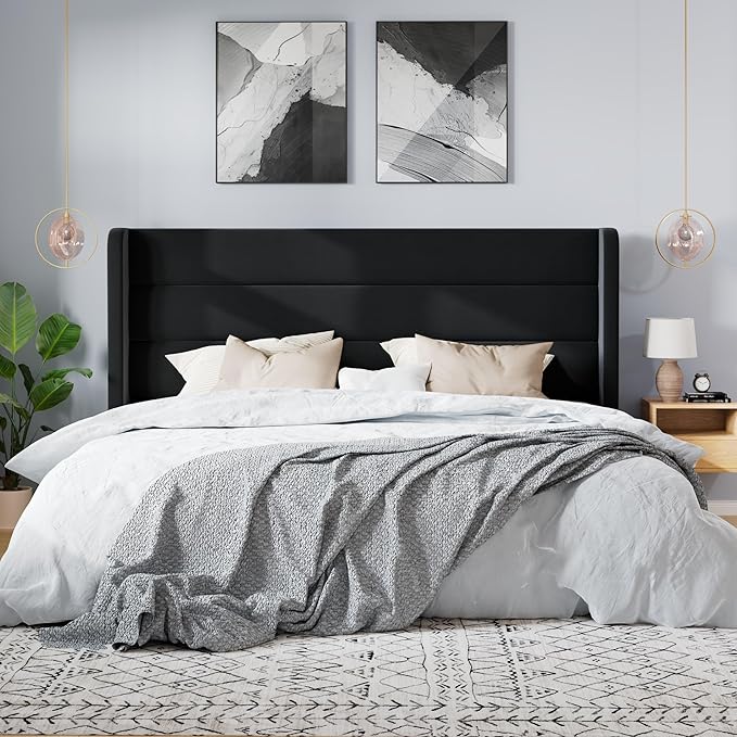 SHA CERLIN King Size Velvet Bed Frame/Vertical Channel Tufted Wingback Headboard/Upholstered Platform Bed with Wooden Slats/Mattress Foundation/No Box Spring Needed/Easy Assembly/Black