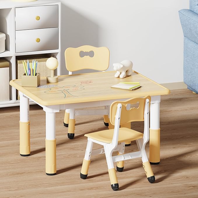 Brelley Kids Table and 2 Chairs Set, Height Adjustable Toddler Desk 31.5" L x 23.6" W and Chair Set, Graffiti Desktop, Classroom/Daycare/Home, Children Multi-Activity Table for Ages 2-8