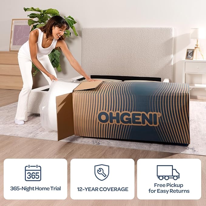 OhGeni 12 Inch Queen Size Mattress, Cooling Gel Memory Foam Bed Mattresses in a Box, Cool Touch Surface, Medium Feel, Ergonomic Support, Pressure Relief, CertiPUR-US Certified Foam, Designed in USA