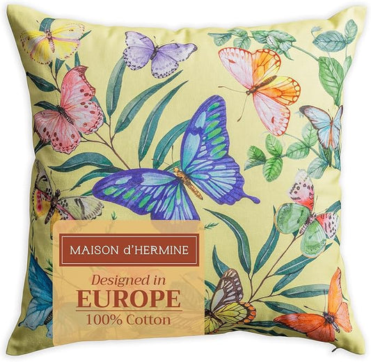 Maison d' Hermine Decorative Pillow Covers 20x20 Inch Square 100% Cotton Throw Pillow Covers with Invisible Zipper for Living Room Couch, Chair, Sofas, Bedroom, Home (Hesperides - Papillon)