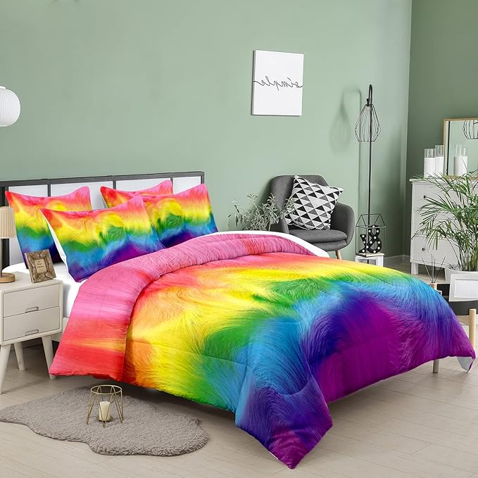 Tailor Shop King Rainbow Bedding Sets for Girls Kids Soft Microfiber Cute Colorful Rainbow Comforter Sets with 1 Quilt Matching 2 Pillowcases