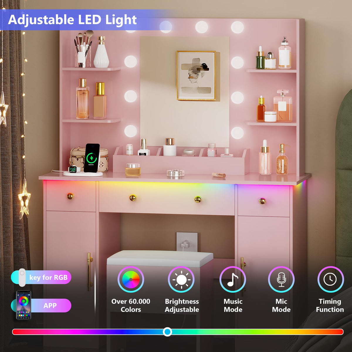 HUANLEGO Vanity Desk with Mirror and Lights,Pink Makeup Vanity with Charging Station & Vanity Stool, 3 Drawers and Cabinets White Vanity Mirror with RGB LED Lights Vanity Desk and Chair for Women