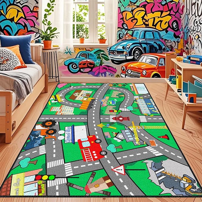 Car Rugs for Kids Toy Cars - Kids Carpet for Playroom Car Track Rug Car Carpet for City Life Road Rug for Playroom Living Room Bedroom, Green, 2'5''×4'