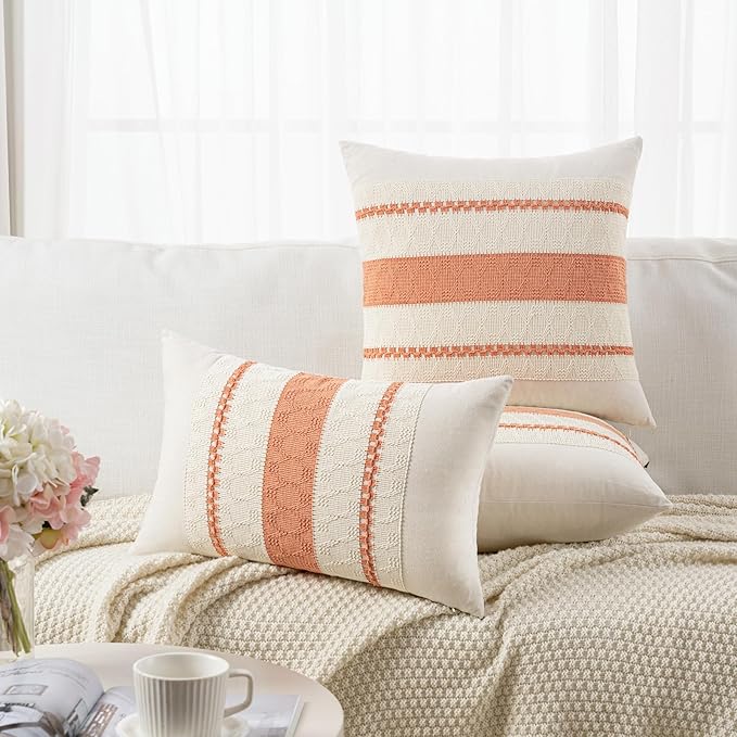 Fancy Homi Set of 2 Boho Coral Long Lumbar Decorative Throw Pillow Cover 12x24 Inch for Couch Bed Sofa Chair, Modern Organic Farmhouse Home Decor, Soft Cotton Cute Accent Rectangle Cushion Case