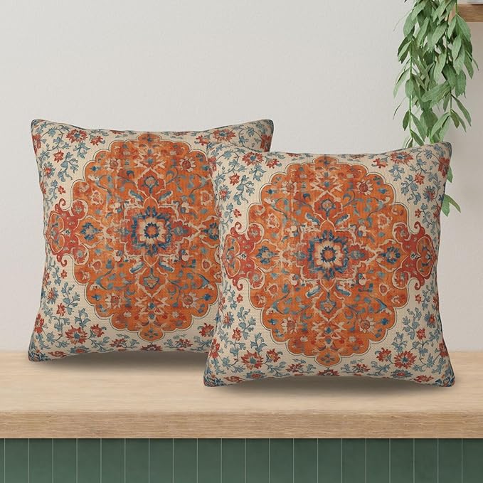 Blue Orange Boho Floral Pillow Covers 20x20 Inch Set of 2 Fall Bohemian Vintage Carpet Pattern Decorative Outdoor Throw Pillows Farmhouse Decor Cushion Covers for Sofa Bed Couch Living Room