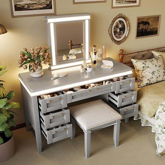 Merax 48" Vanity Desk with Mirror and Lights, Makeup Vanity with 7 Drawers and Cushioned Stool, Classic Finish Dressing Table with Hollow Design Drawer for Bedroom, Rubber Wood Legs, Grey-Blue