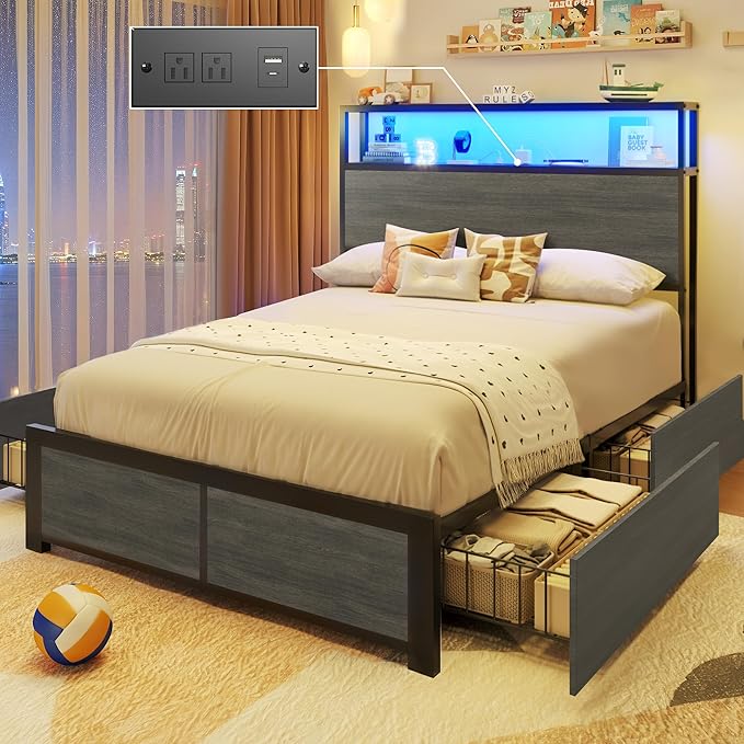 Lifezone Twin Bed Frame with 2-Tier Storage Headboard, Metal Platform Bed Frame with 4 Storage Drawers, Built in Charging Station & LED, Noise-Free/Metal Support/No Box Spring Needed, Rustic Grey