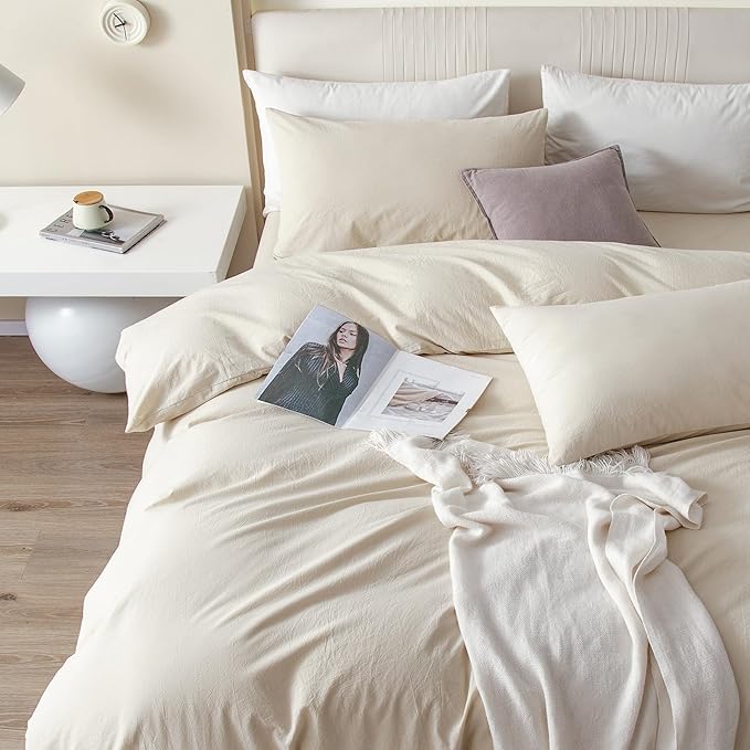 JIYUAN 100% Washed Cotton Duvet Cover Set 3 Pieces King, 1 Duvet Cover 104x90 Inches(Comforter Not Included) and 2 Pillowcases,Linen Feel Bedding Set Comfy and Breathable,Heathered Beige