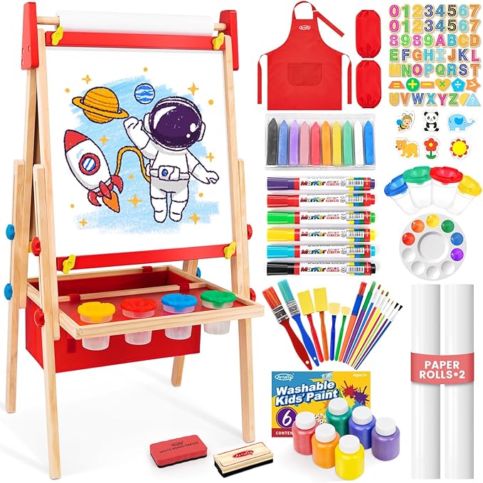 Art Easel for Toddlers Kids, Adjustable Standing Art Easel with Magnetic Chalkboard & Whiteboard, Dry-Erase Board, Paper Roll, Drawing & Painting Easel for Kids Ages 3 4-8 9-12, Red w/Bag