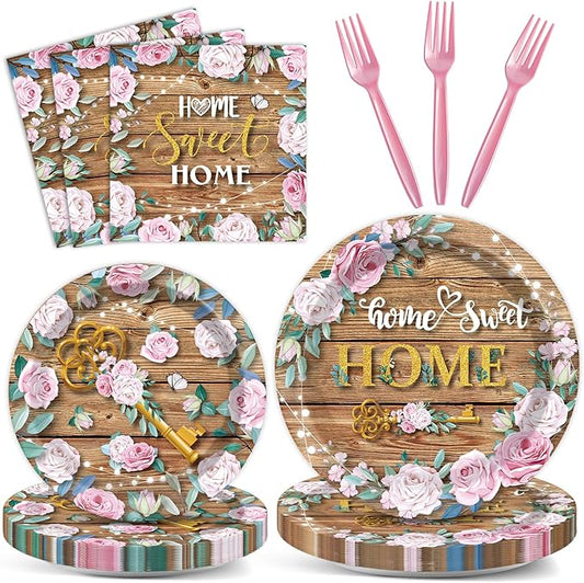 96 Pcs House Warming Decoration Party Plates Napkins Tableware Set Housewarming Paper Party Supplies Disposable Dinnerware Sweet Home Rustic Floral Party Decoration Favors for New House, 24 Guests