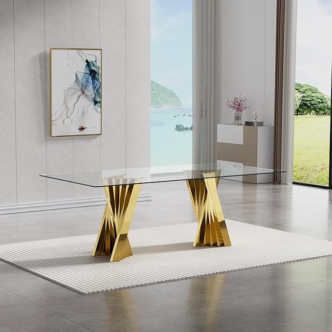 Goujxcy Modern 7 Piece Glass Dining Table Set Luxury Glass Kitchen Table and Chair Set for 6, 70" Large Rectangular Dining Room Table with 6 Tufted Chairs and Stainless Steel Legs (Gold & Beige)