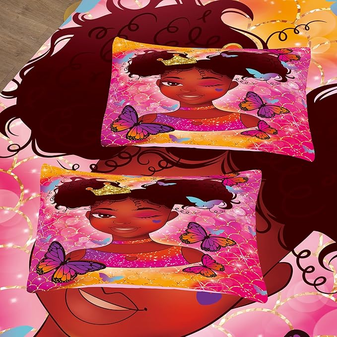 Tailor Shop Kawaii African American Black Girl Comforter Set Pink and Red Bedding Sets for Girls Kids Cute Magic Black Girl Bedding Set Mermaid Butterfly Comforter Twin Size with 1 Pillowcase…